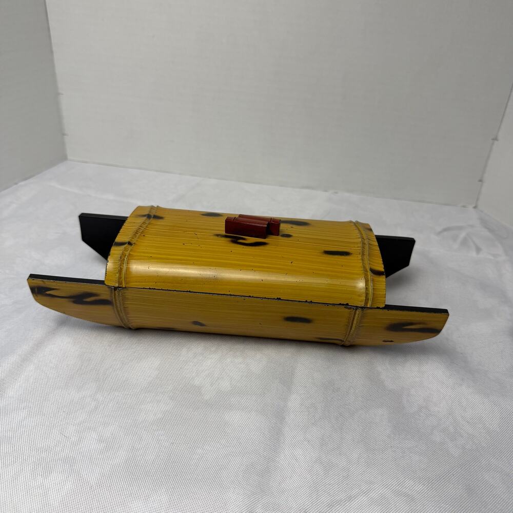 VTG Marufuji Japan Faux Bamboo Metal Box Osaka‎ Lidded Trinket Storage Container